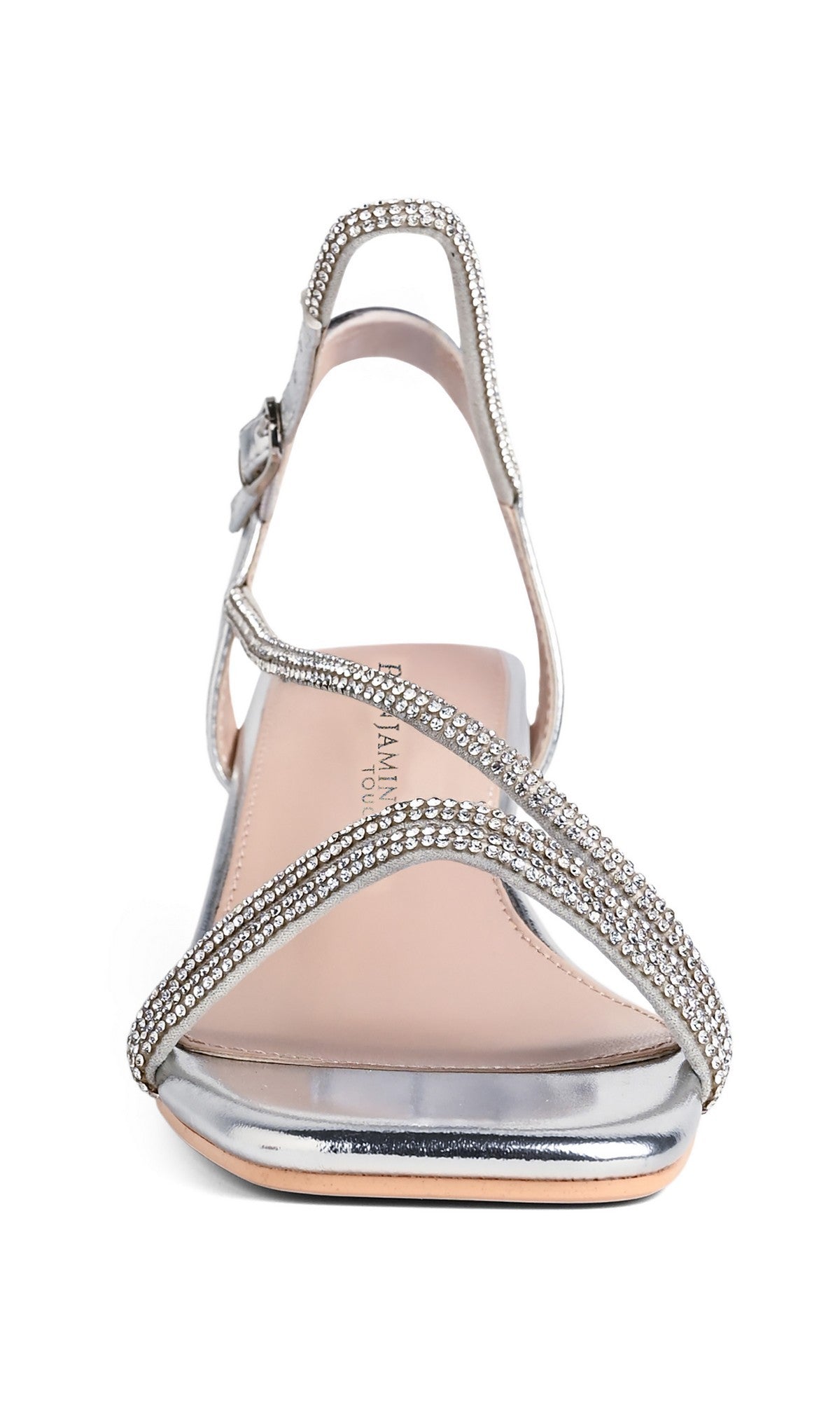 Tiffany Silver Prom Shoes: Touch Ups 4757 feature a silver open toe, crystal-embellished straps, and a buckle ankle strap—an elegant low-heel choice for prom.